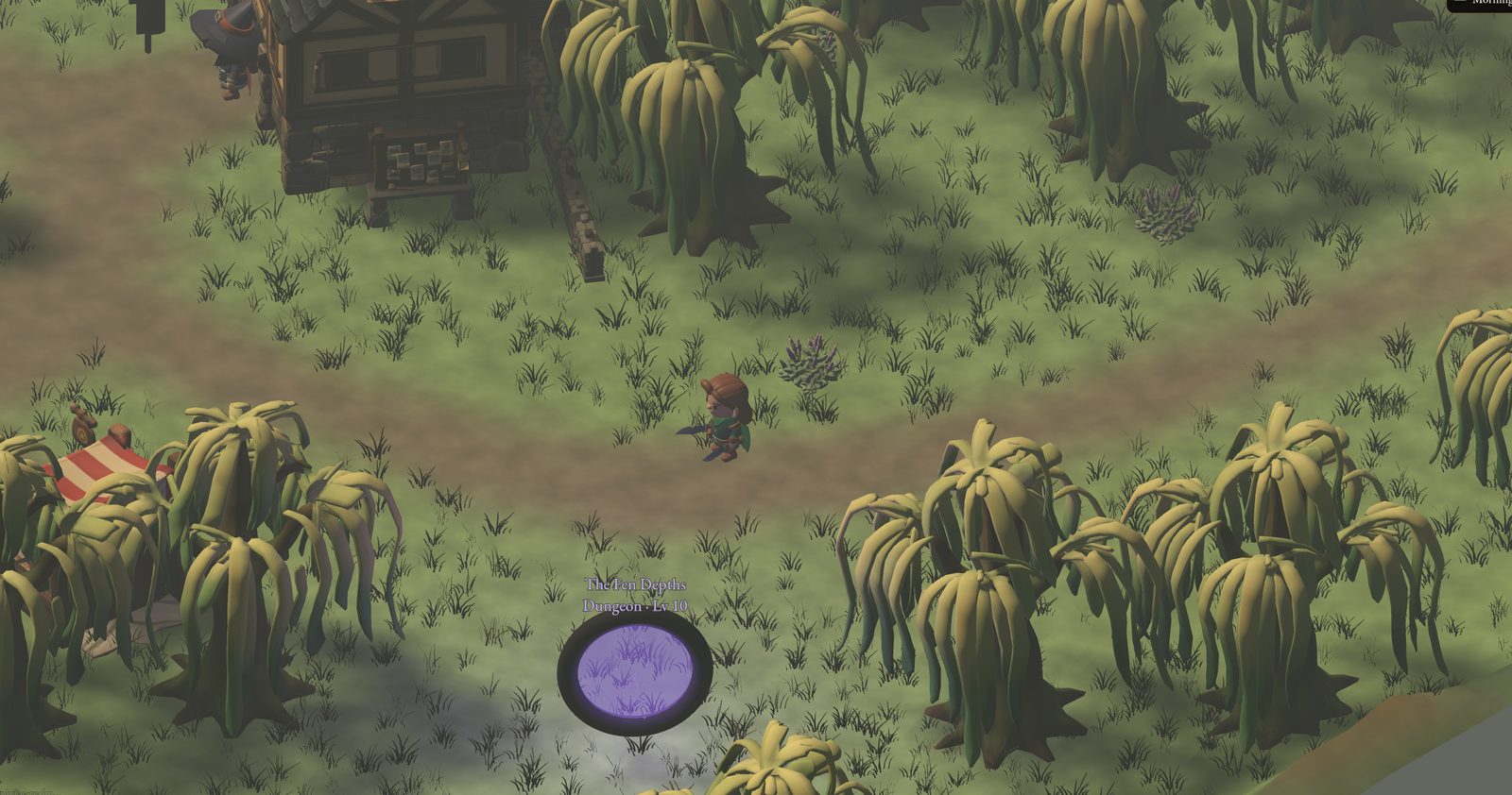 A warden standing before the glowing portal into The Fen Depths dungeon