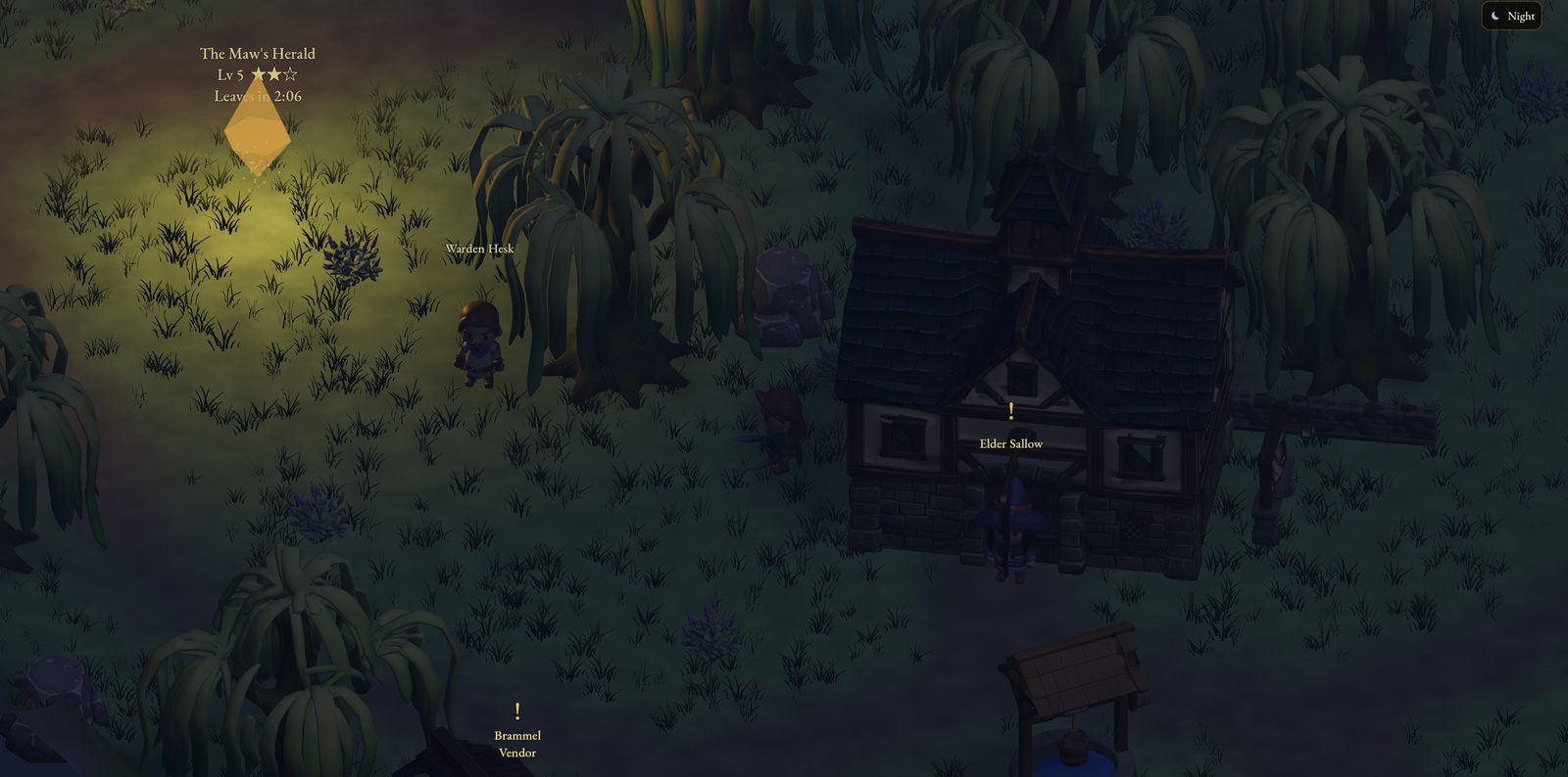 The fen village at night: Warden Hesk and Elder Sallow near the gate, an event beacon burning in the dark